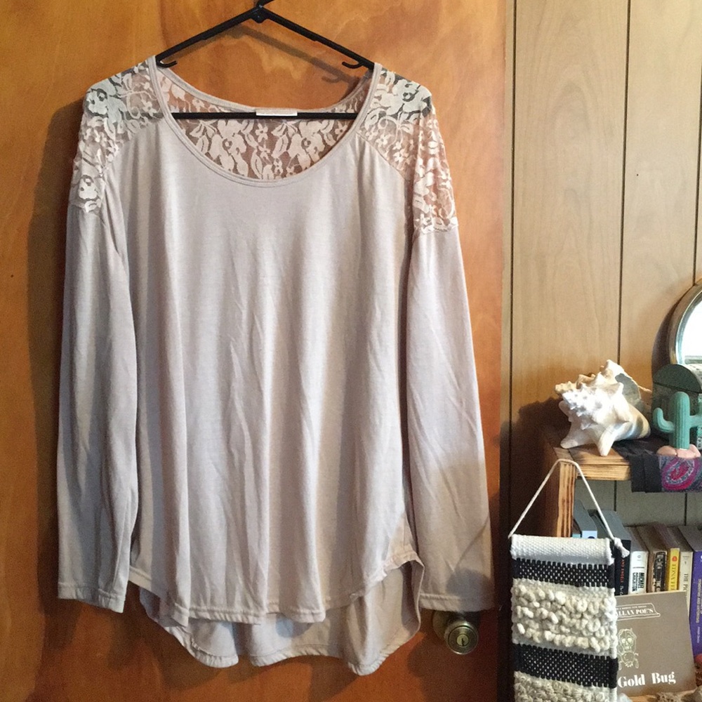 Basic Cream Tan Long Sleeve Shirt with Lace Detail